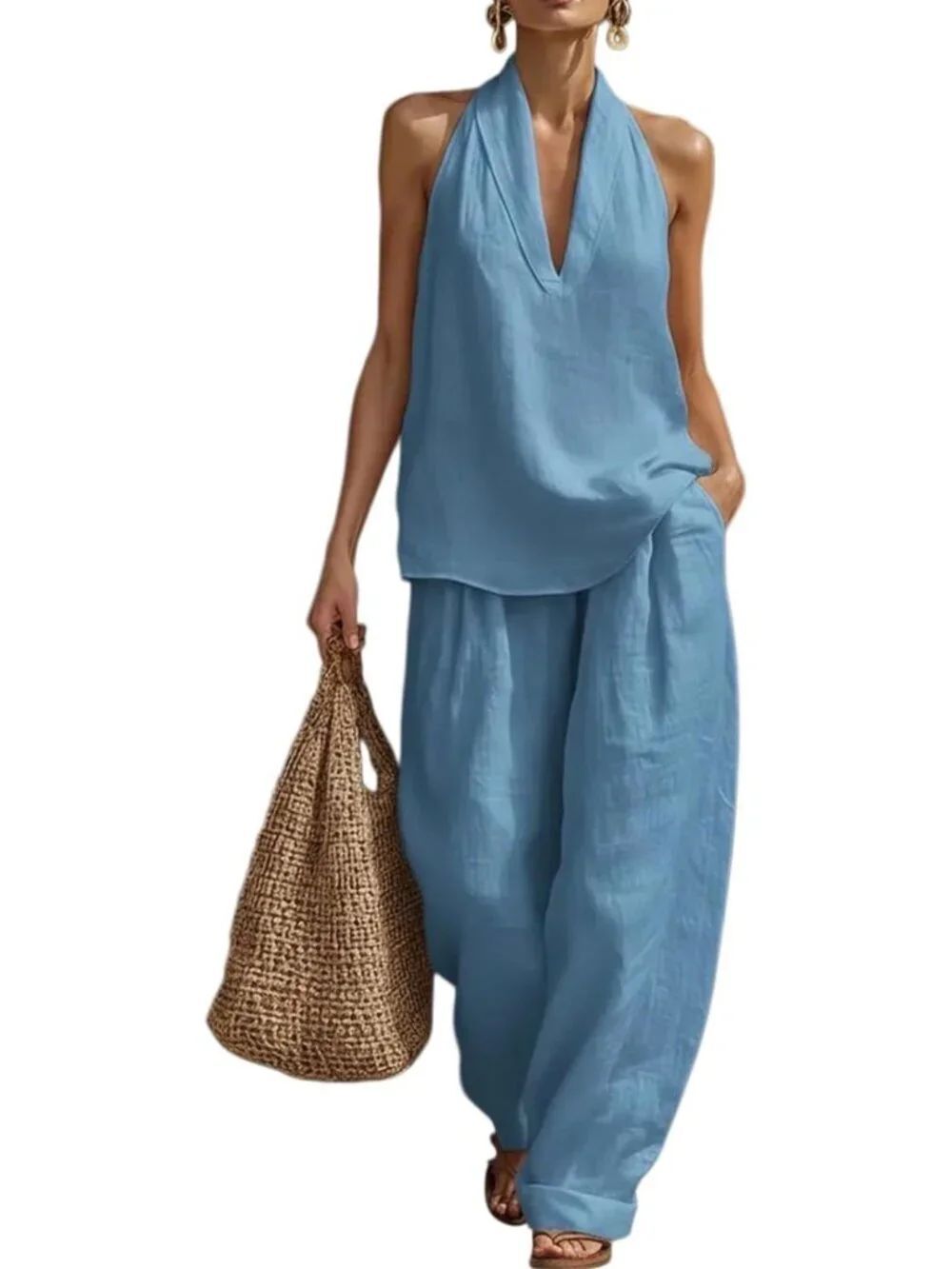Rksezimrd 2-Piece Blue Sleeveless Halter Top and Wide Leg Pants Set Size L